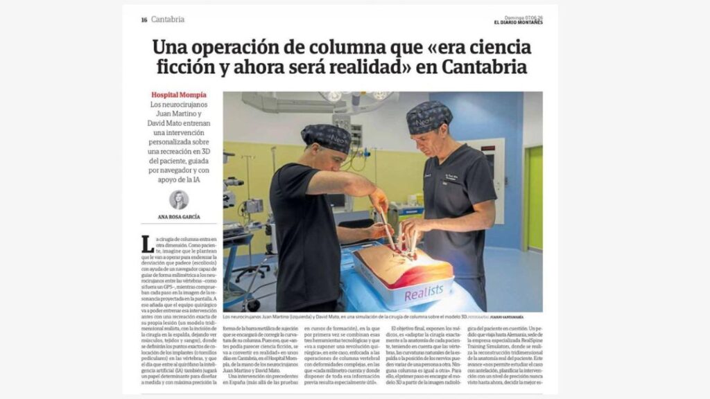 Reportaje de NeuroCS en El Diario Montañés sobre planificación de cirugía de columna
